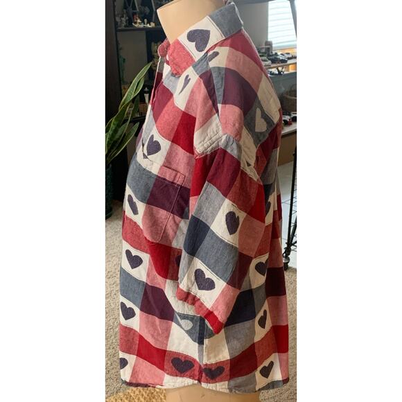 Vintage 80's woven plaid heart button up top sz L - Picture 3 of 4